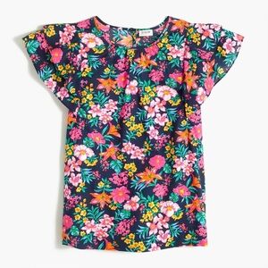 J. Crew Floral Short Sleeve Flutter Top Keyhole Multicolor Cotton Blouse Top